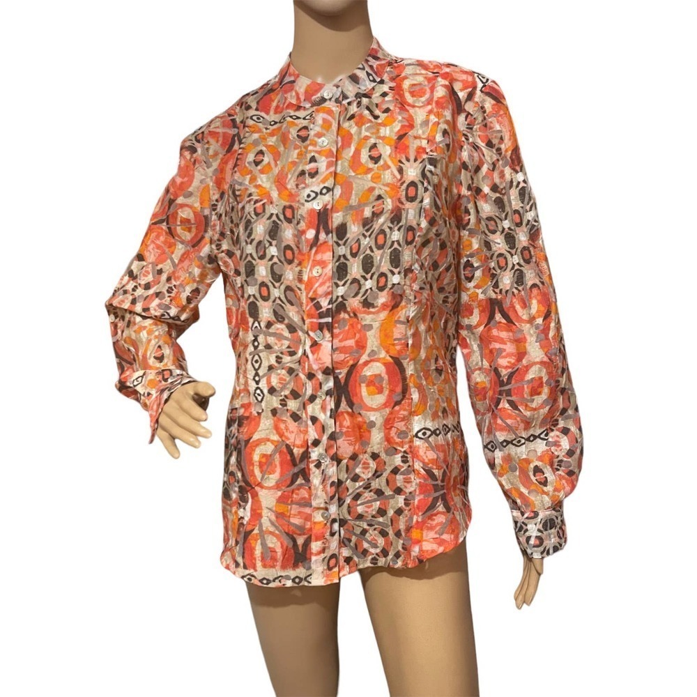 Ruby Rd Womens Button Down Linen‎ Blend Blouse Size 8 Sheer Cutout Abstract Sz 8